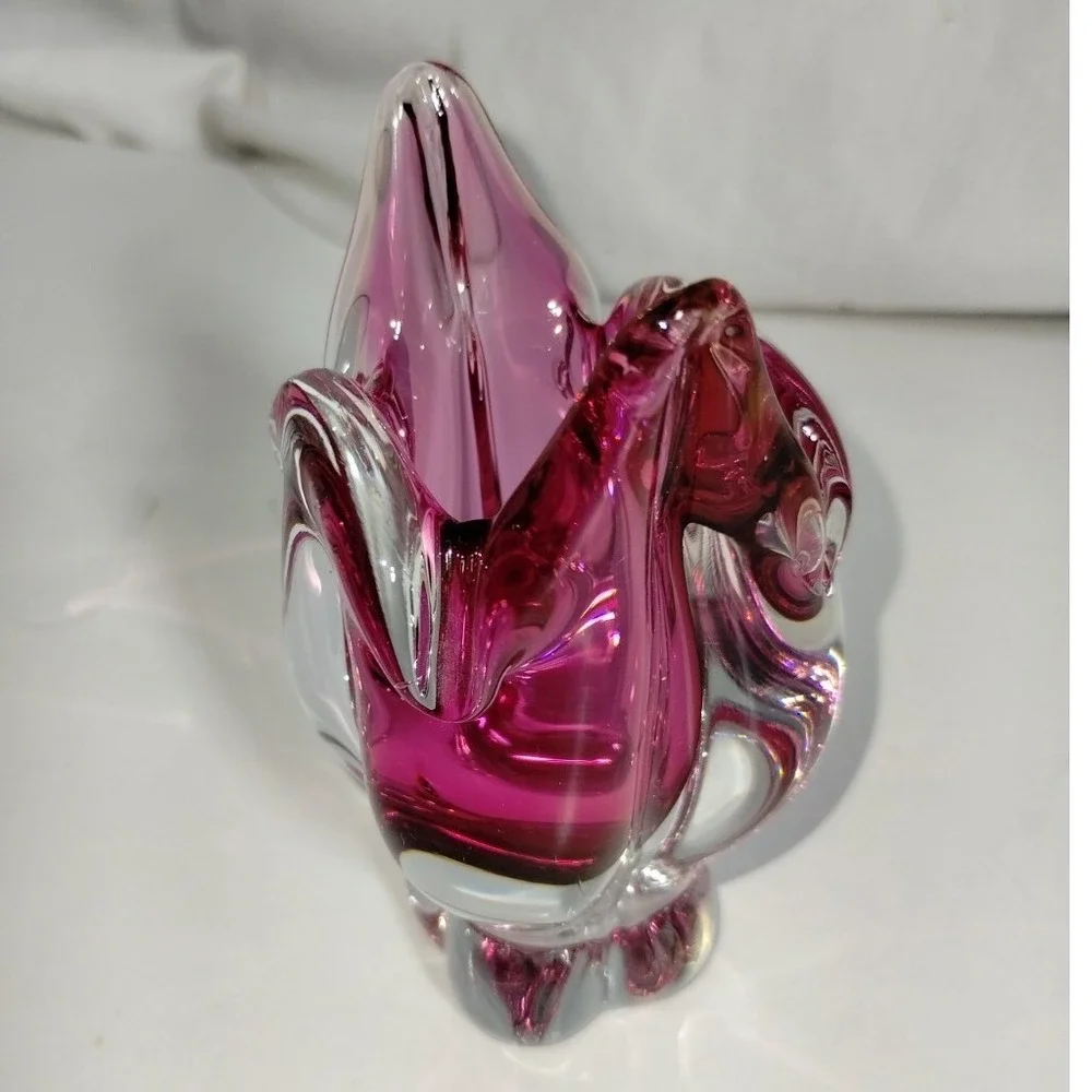 Chribska Cat Head‎ Vase Pink Czech Art Glass Hospodka Sommerso MCM 1960s